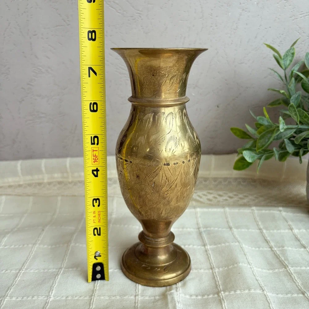 Vintage Hand Etched Brass Bud Vase Made in India Floral Pattern 7.5 Inch Gold